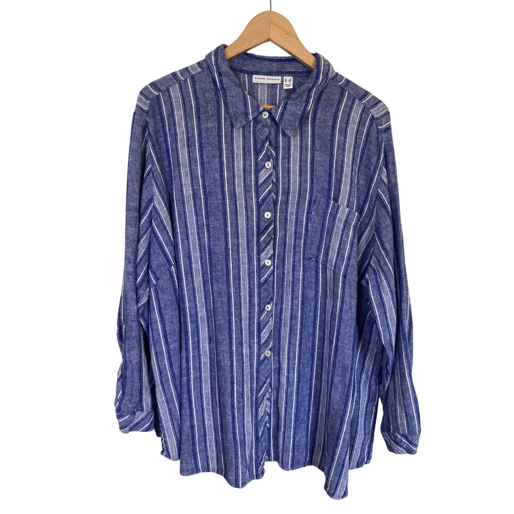 Susan Graver Blue White Striped Linen‎ Blend Roll Tab Button Down Shirt 3X